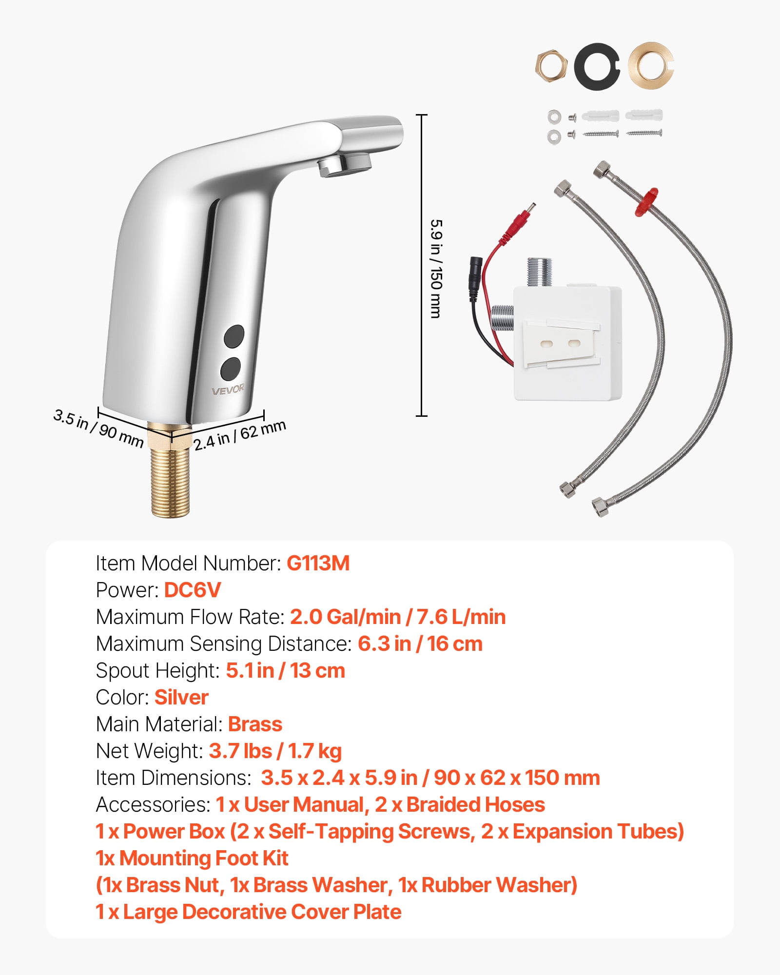VEVOR Touchless Bathroom Sink Faucet, Automatic Motion Sensor Restroom Toilet Faucet Cold Water with Single Hole, Battery Operated for 9/16 in Pipe Commercial Lavatory,Chrome Plated Silver