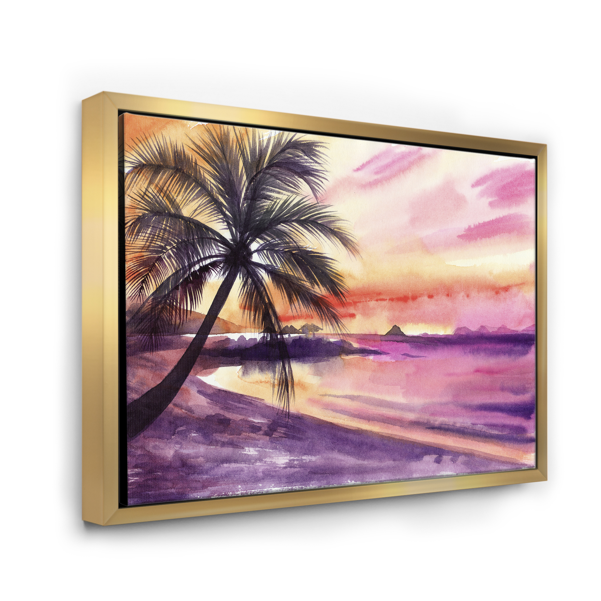 Designart 'Purple and Pink Palm Beach Sunset' Nautical & Coastal Framed Canvas Wall Art Print