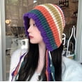 thumbnail image 5 of YooGuoGuo Women Winter Colorful Knit Handmade Crochet Hat Foldable Multicolored Striped Ear Protection Cap Braided Fringe, 5 of 6
