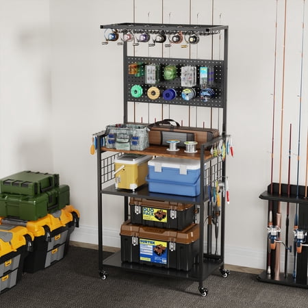 Fishing Rod Storage Rack with Pegboard Rolling Tackle & Tool Organizer Cart Garage Fishing Pole Holders Multi-Tier Stand for Rods Reels Tackle Boxes Bags Heavy Duty Metal with Lockable Wheels