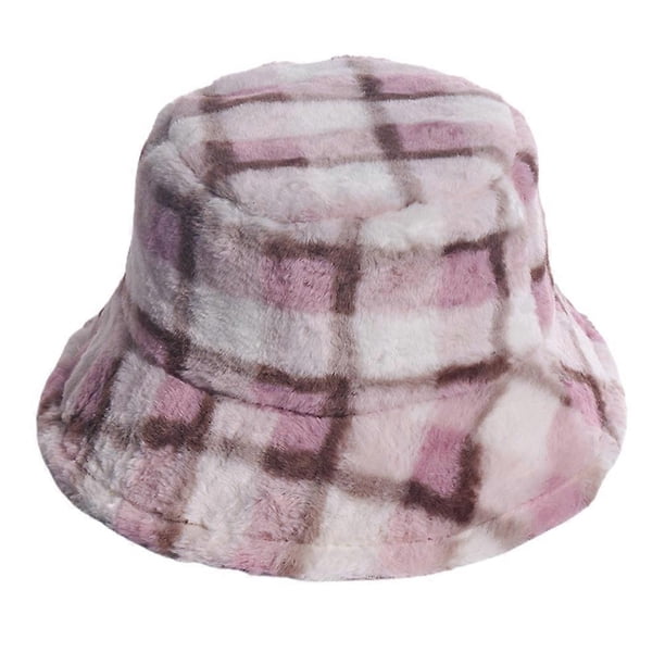 Women Warm Bucket Hat Plaid Hat Daily Use Autumn Winter Purple Round Brim Windproof 1Pc