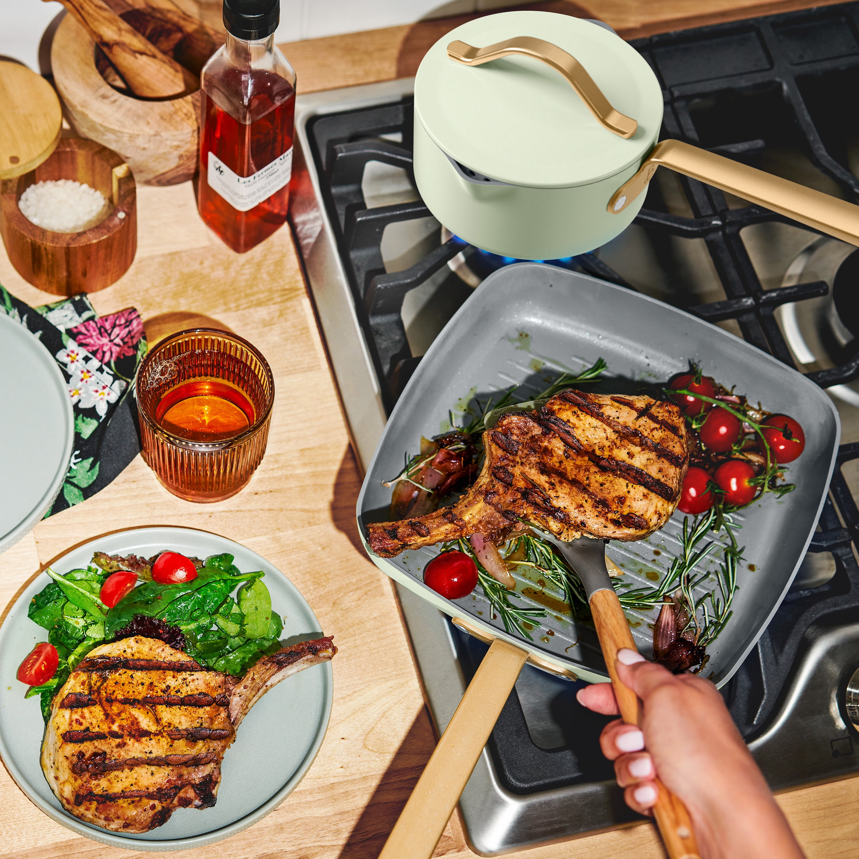 Beautiful 18-Piece Ceramic Nonstick Cookware Set, Pots & Pans with Strainer Lids & Kitchen Utensils, Sage Green by Drew Barrymore