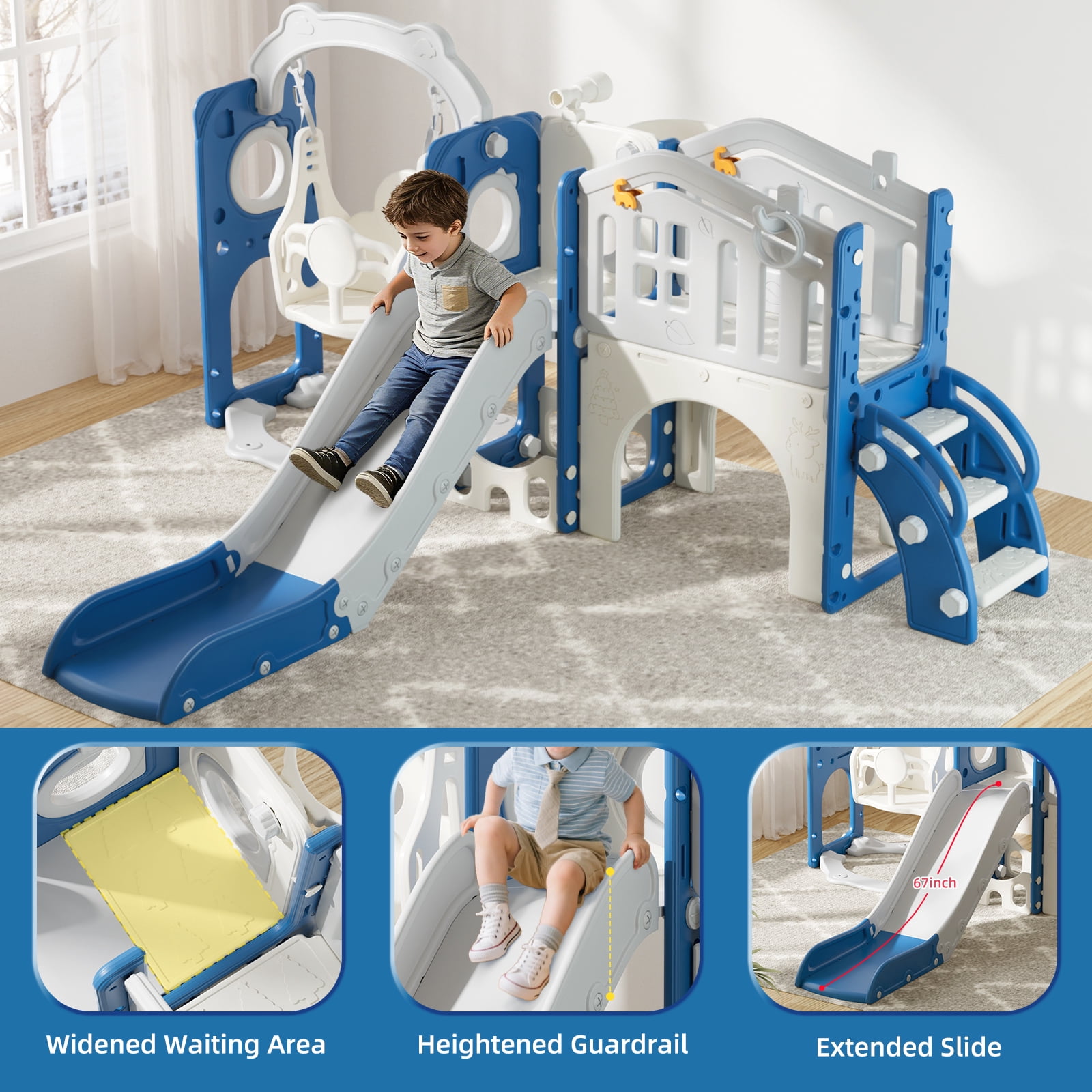 XJD 11 in 1 Toddler Slide and Swing Set - Baby Slide for Toddlers 1-3, Indoor Outdoor Toddler Playset Playground, Blue & Gray