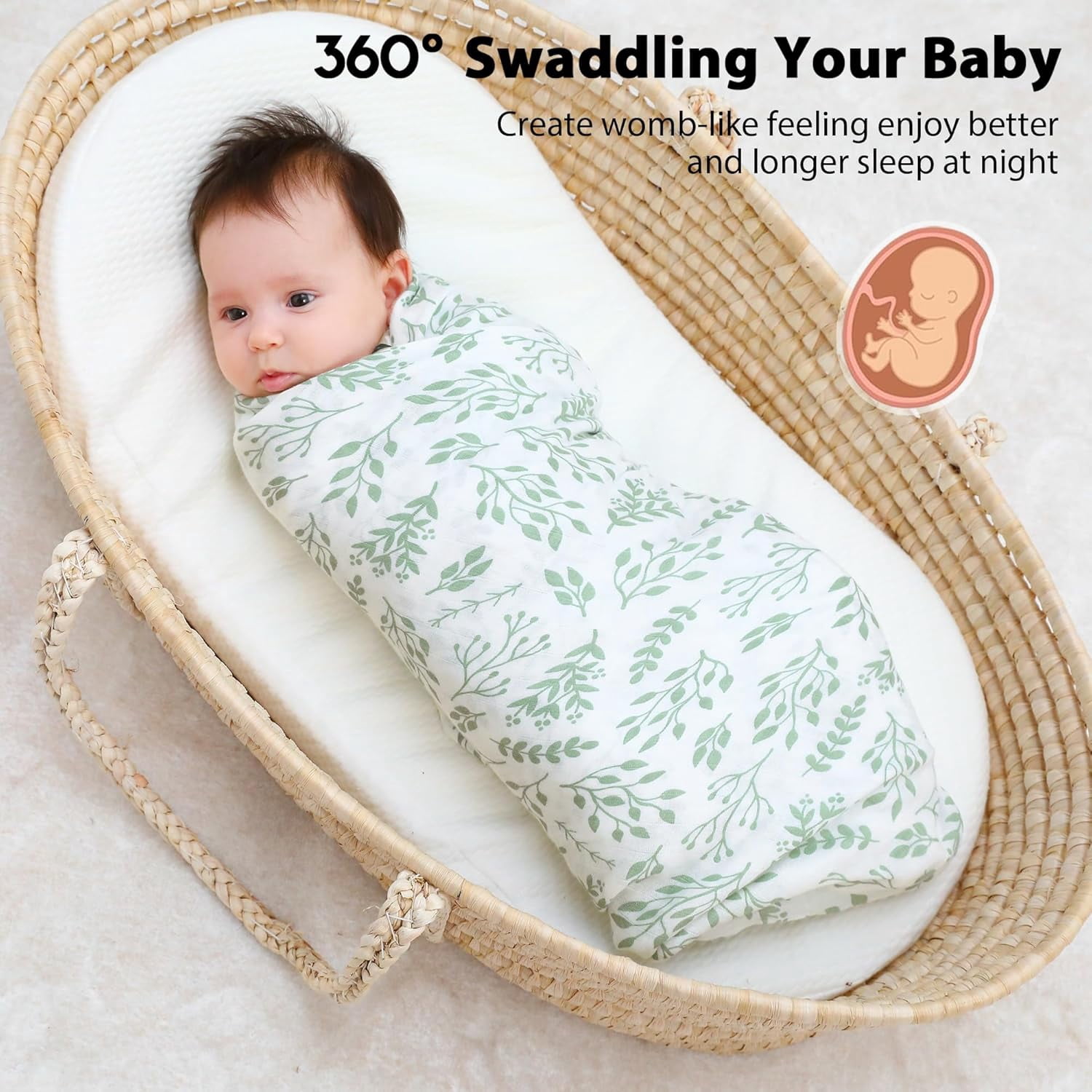 Yoofoss Muslin Swaddle Blankets, Organic Baby Blankets, 47 x 47 Inches Receiving Blanket 4-Pack for Baby Boys and Girls, Baby Essentials for Newborns Soft Breathable Green Leaves