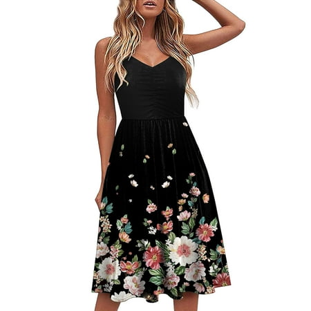

Red Dresses for Women Pink Dress for Women Trendy Women Dresses Summer Printed Leisure V-Neck Sleeveless Vacation Mini Dress on Clearance Dresses for Women Flower Girl Dress Black M