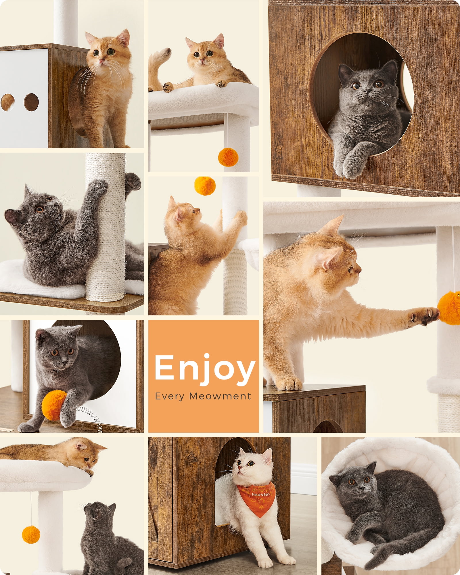 Cat Tree with Litter Box Enclosure - 2-in-1 Modern Cat Tower | 72.8-Inch Tall Condo with Scratching Posts, Perch, Caves, Basket, Washable Cushions, Rustic Brown