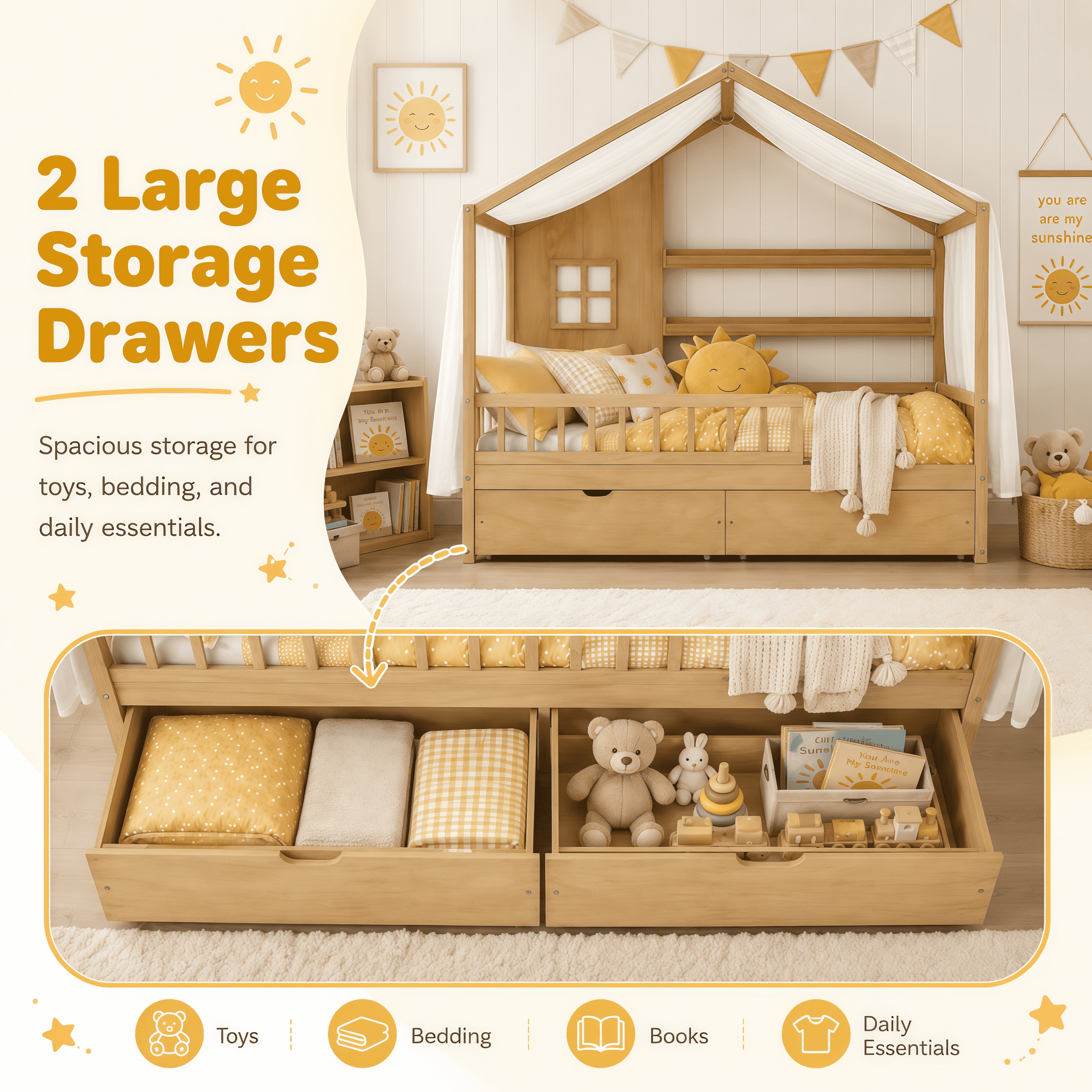 Euroco Wood Twin Size House Bed with Roof and Curtains, Montessori Floor Bed with Drawers and Safety Guardrails,No Box Spring Needed, Natural
