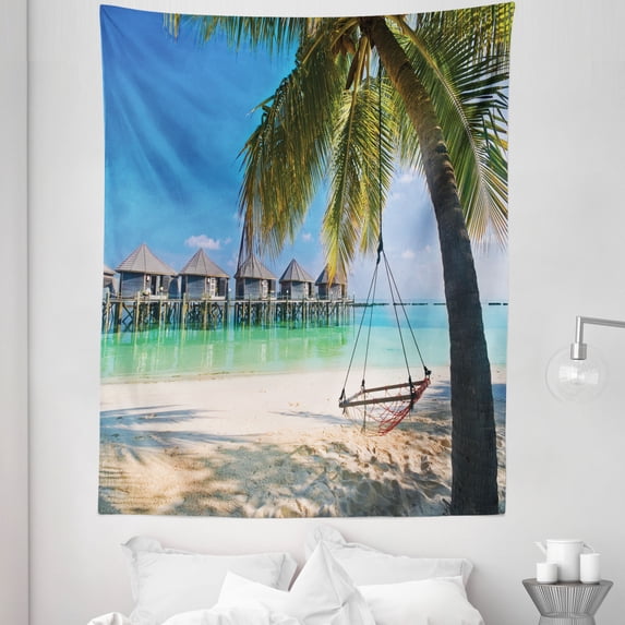 Beach Tapestry, Hammock Under Palm Leaves in Heaven Beach Paradise Caribbean Peace Sun Summer Print, Fabric Wall Hanging Decor for Bedroom Living Room Dorm, 5 Sizes, Multicolor, by Ambesonne