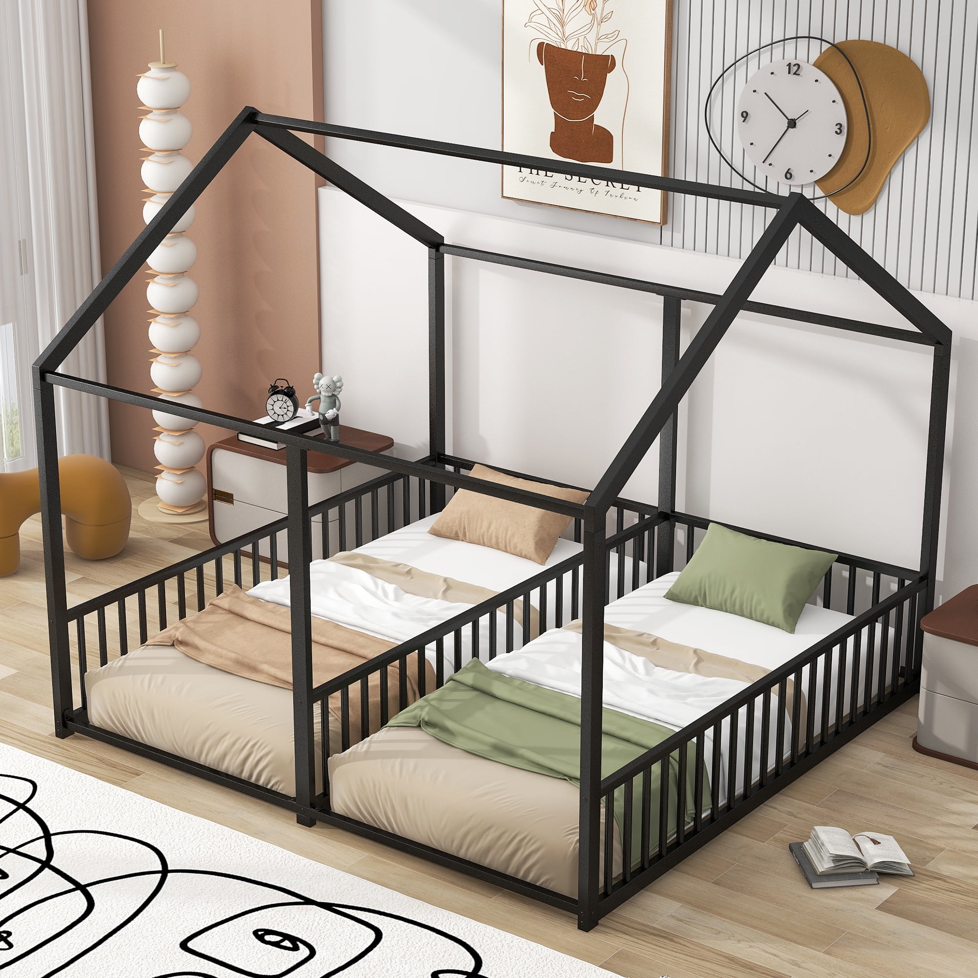 Harper & Bright Designs Metal Twin Size House Bed, Double Floor Platform Beds Frame with Rails for Girls Boys, Black