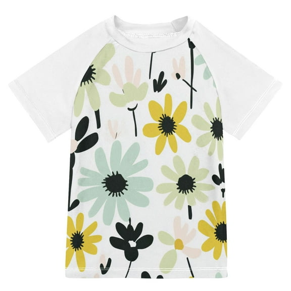 FORMRS Boys Rash Guard with Short Sleeves UPF 50  Swim Shirts Sizes 3-12T, White Flower