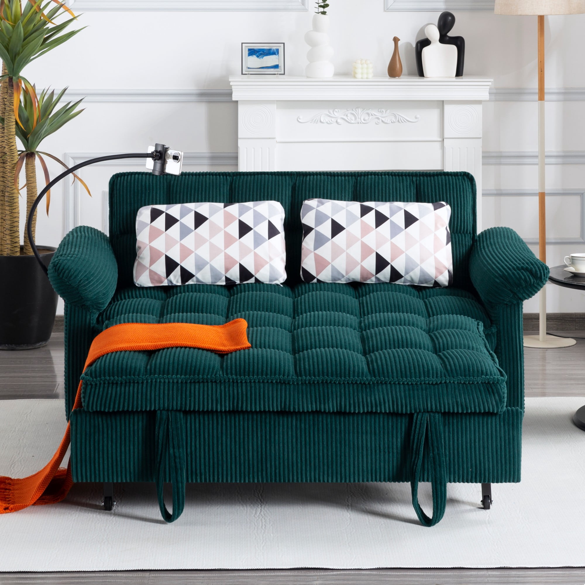 BSHTI 58.27" Corduroy Convertible Sofa Bed with Pull Out Sleeper, 3-Position Backrest, Storage Pocket for Living Room Guest Room, Black（Green）