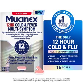 Mucinex 12 Hour Cold and Flu Medicine for Adults, Long Lasting Cough & Cold Medicine For All Day Relief of Headache, Body Aches, Fever, Cough, & Chest Congestion, 32 Bi-layer Tablets