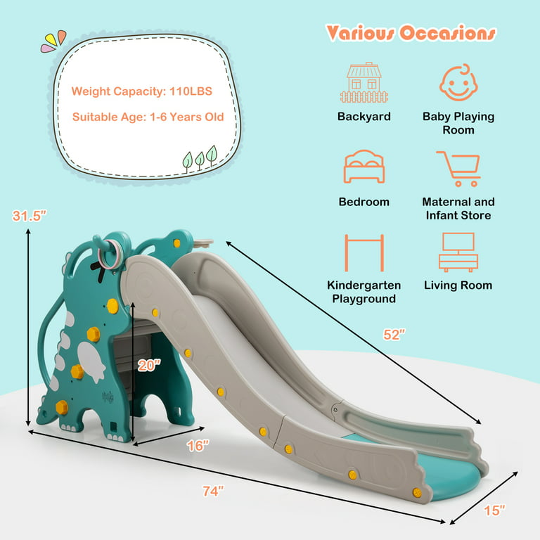 Topbuy 4 in 1 Kids Dinosaur Slide Baby Play Climber Slide Set With  Basketball Hoop Green