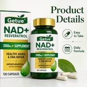 NAD+ Resveratrol Supplement, 2000 mg Per Serving, Cellular Wellness & Healthy Aging Support, Antioxidant Support, 120 Capsules