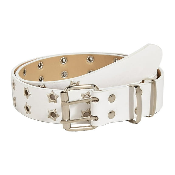 Double Grommet Belt PU Leather Punk Belt for Women Men Jeans 2 Holes Belts 3.3cm White