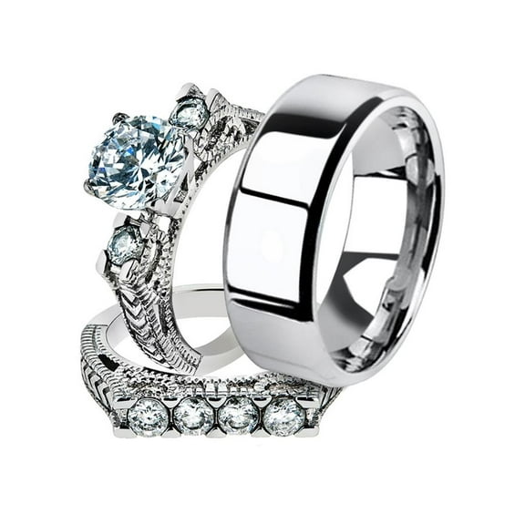 His and Her 3pc Stainless Steel 2.95 Ct Cz Bridal Ring Set and Men Beveled Edge Band Women's Size 10 Men's 06mm Size 11