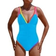 thumbnail image 3 of Women'S One Piece 2025 Tummy Control Swimsuits Neon Color Block Swimwear Deep V Neck Slimming Bathing Suit Blue S, 3 of 8