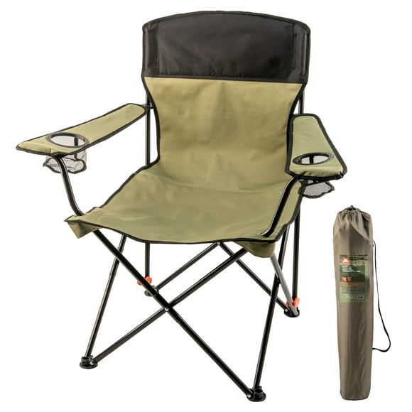Ozark Trail 2 Position Oversize Arm Chair, Weight Capacity 300lbs, Heavy Duty Steel Frame, Durable Polyester, Grey & Green, 2 Mesh Cup Holders, Carry Bag Included.