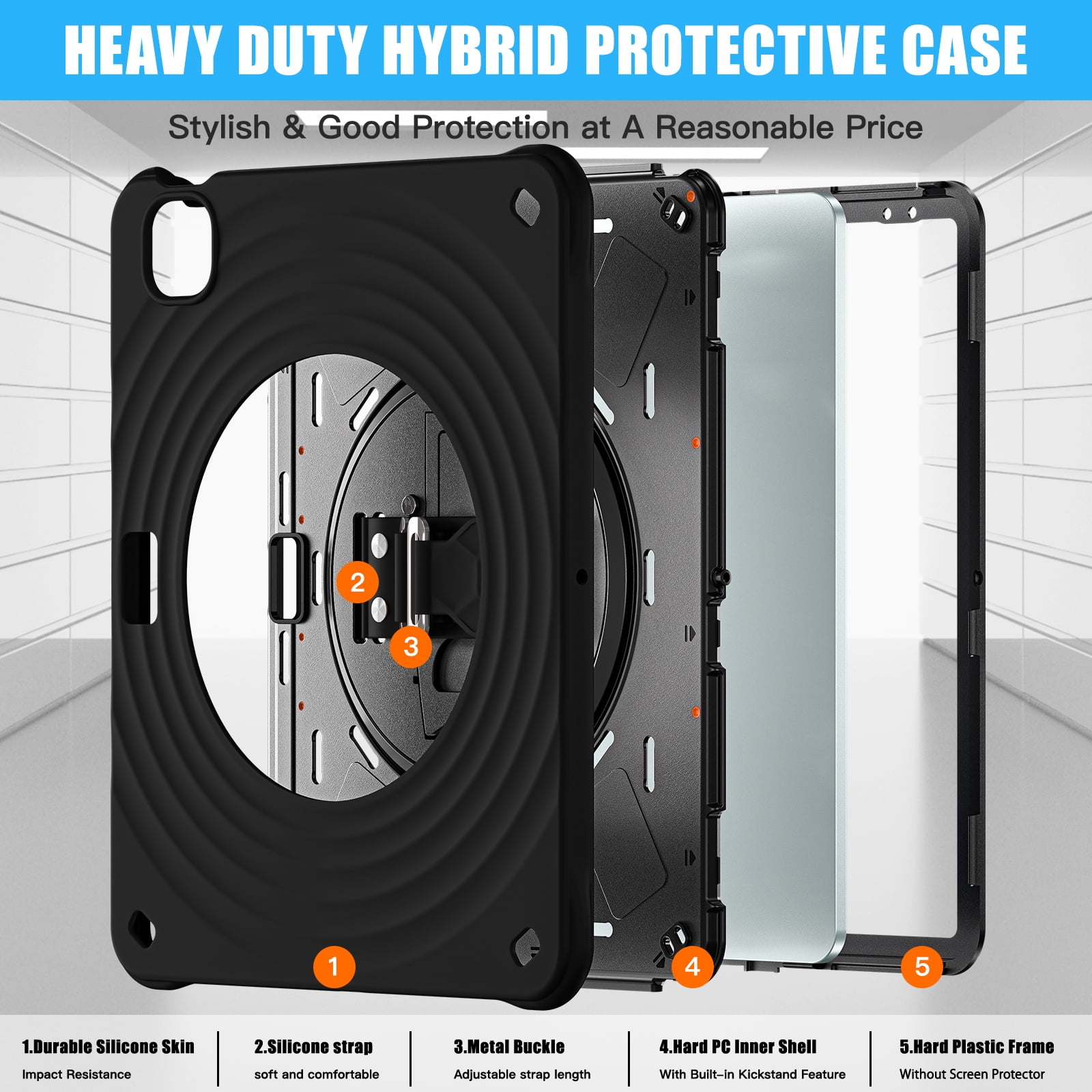 for iPad Air 13" 2025/2024 Case, Durable Sturdy Protection Case with Rotation Stand, Portable Hand Strap and Shoulder Strap Pencil Holder, Heavy Duty Shockproof Anti-Drop Cover, Black