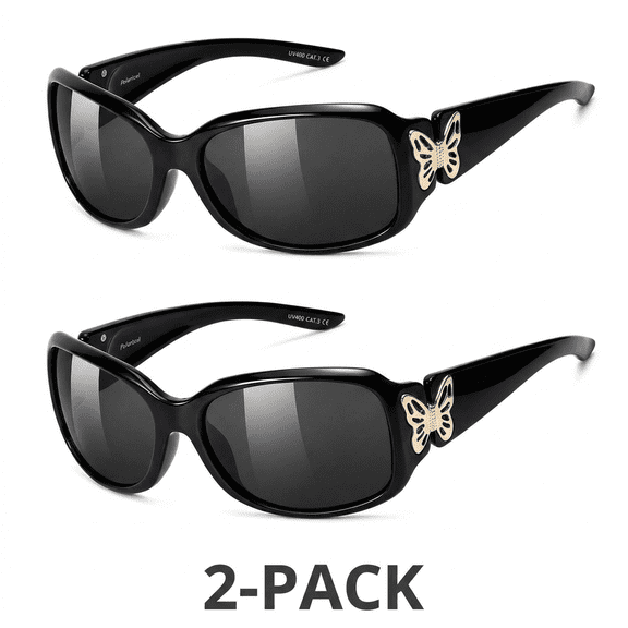 2 Pack Polarized Sunglasses for Women with Wrap Around Butterfly Design, Trendy Jackie-O Style for UV400 Protection