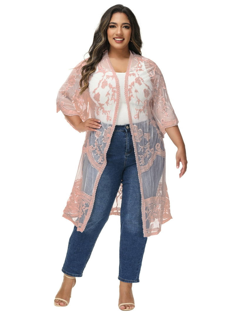 Women's Plus Size Lace Cardigan Open Front Floral Crochet Cover