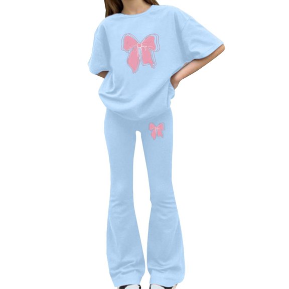 UACY Girls 2 Piece Casual Outfit Set - Butterfly Print T Shirt and Flare Pants, Soft Everyday Clothing for Kids (Sky Blue, 8-9 Years)