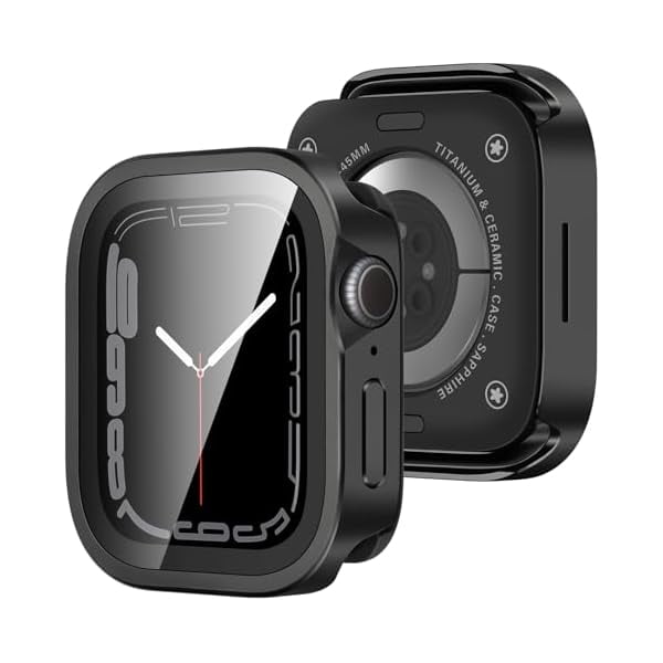 wonima02 Metal Case Compatible with Apple Watch 45mm Series 9/8/7 with Built-in Screen Protector, Straight Edge Ultra Thin with Back Cover Protective Cover for iWatch 45mm, Black