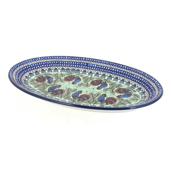Blue Rose Polish Pottery Rooster Row Oval Platter