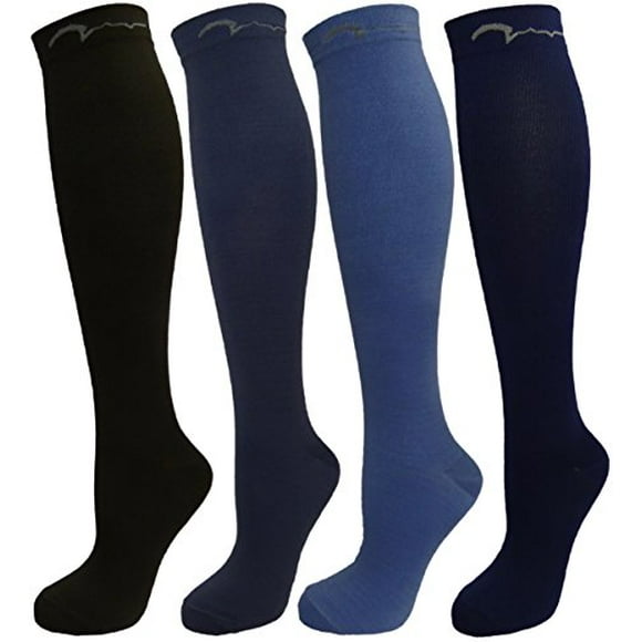 Boys & Girls Sport, Long Compression Socks. Knee High 4 Pack for Kids and Youth Gift Set (Black, Denim, Light & Navy Blue, Small-Fits Ages 5-9)