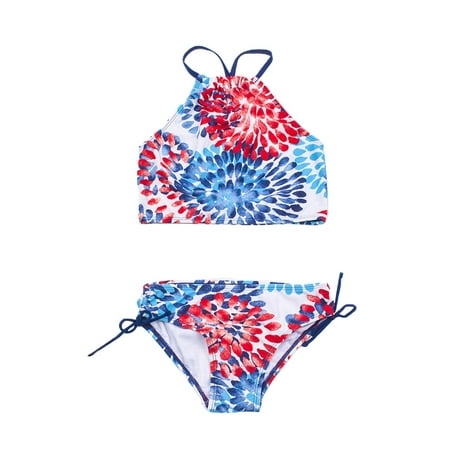 

Huakaishijie 2Pcs Children Summer Swimwear Floral Hanging-Neck Backless Tops + Drawstring Briefs Suit for Girls 3-14 Years 6 Colors