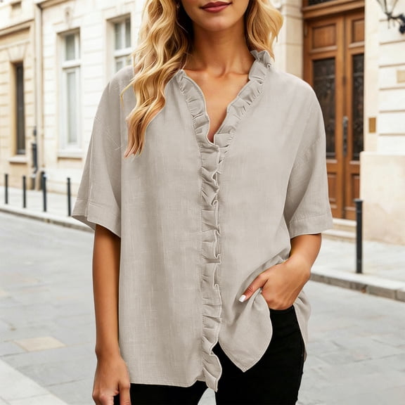 Women's Summer V-Neck Short Sleeve Casual Solid Color T-Shirt