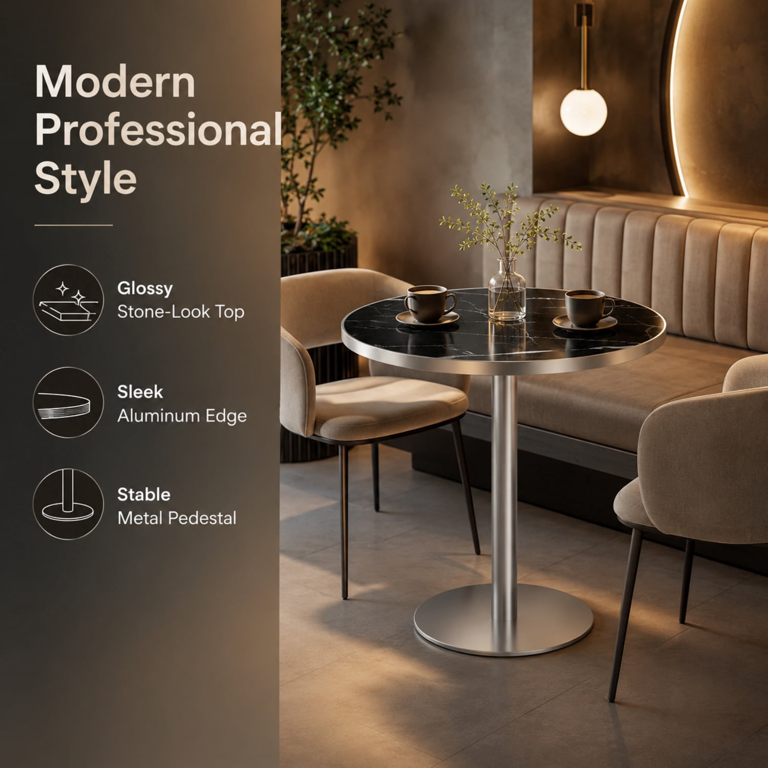 Miniyam 31.5 in. Round Tulip Dining Table for 2-4, Glossy Stone-Look Pedestal Table for Kitchen or Small Spaces, Black&Silver