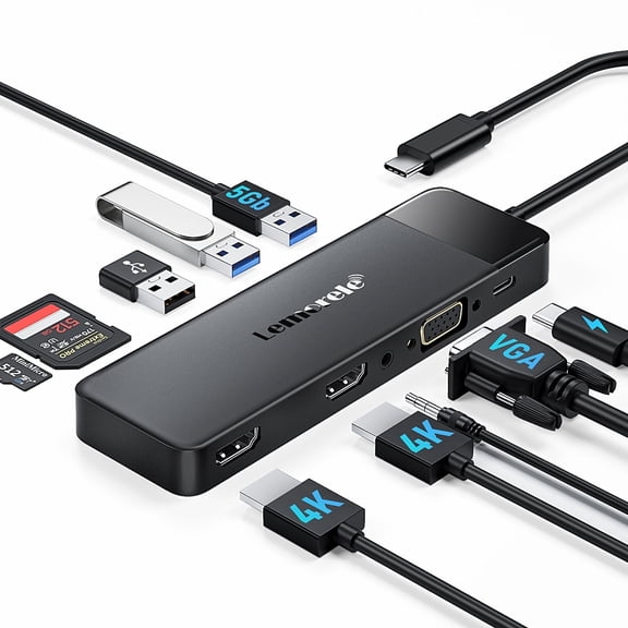 Lemorele 10 in 1 USB C Hub, Laptop Docking Station,2 4K HDMI VGA Triple Display USB C Adapter with 3 USB A,TF/SD Card Reader,100W PD Charging for MacBook, HP, Dell