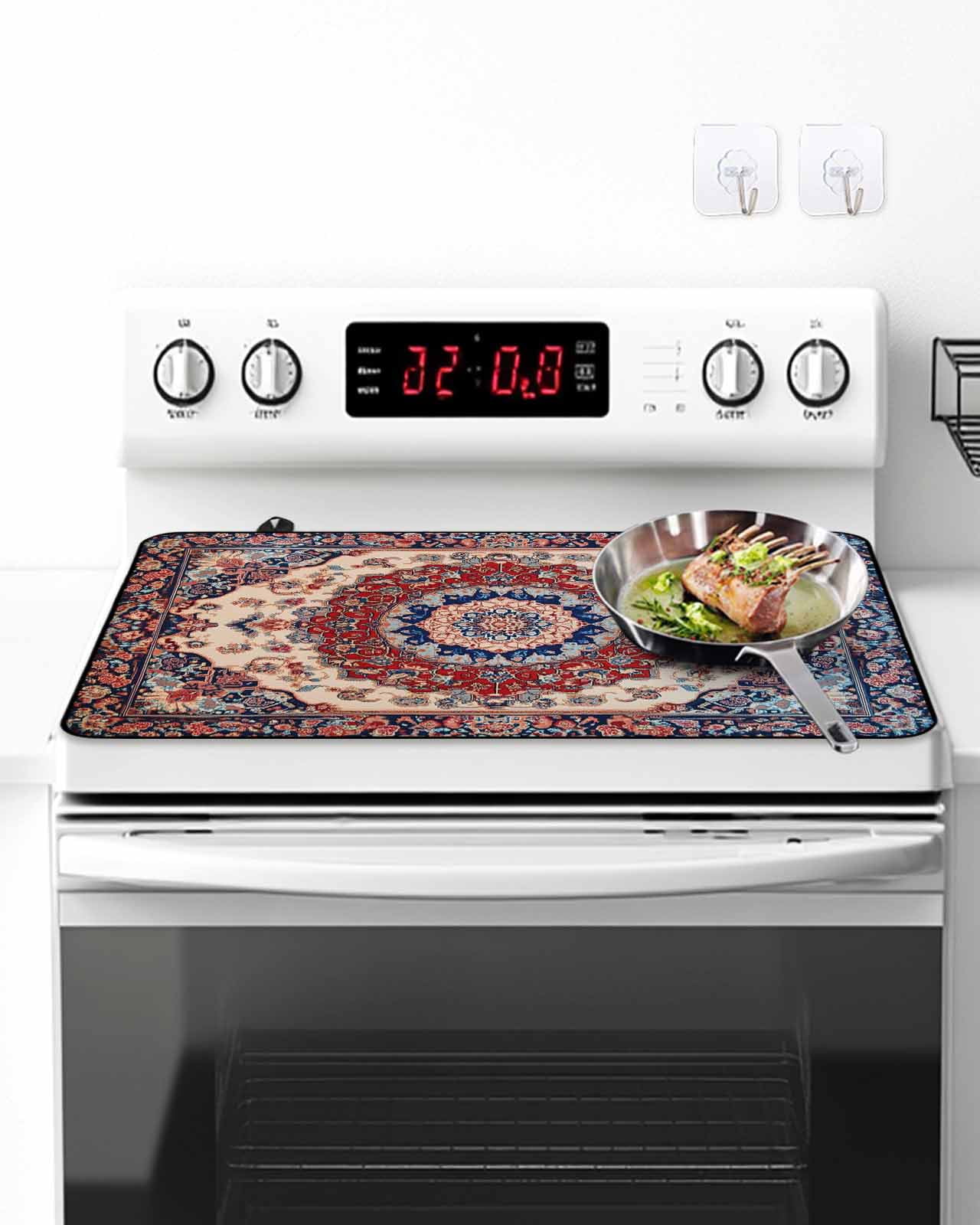Stove Top Covers for Electric Stove, Red Navy Blue Boho Kitchen Glass Ceramic Electric Cooktop Covers 36"x21", Vintage Ethnic Geometric HeatResistant Oven/Countertop/Dishwasher/Sink Protector