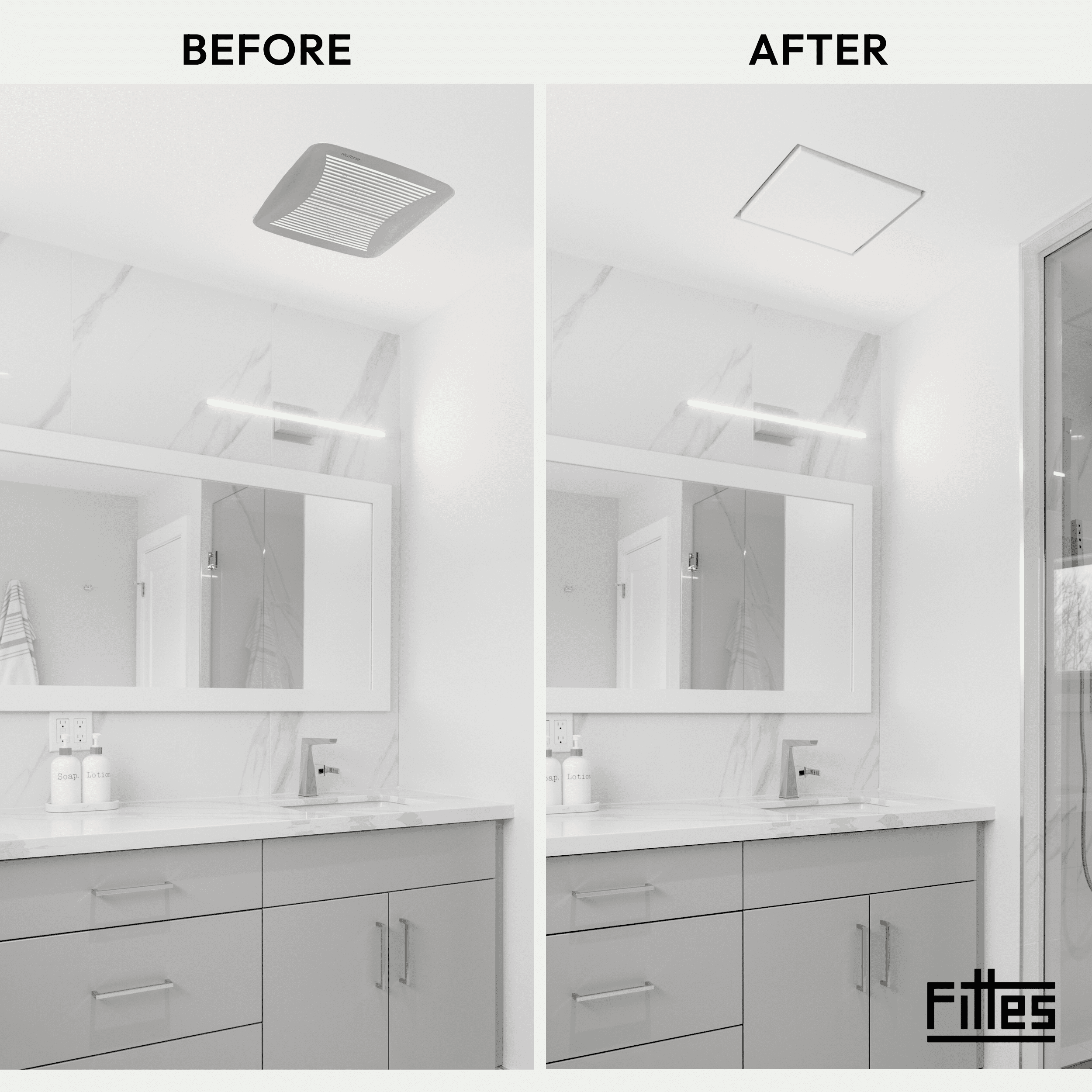Fittes Flush Exhaust Mount [Lite], Minimalist ABS Plastic Bathroom Ventilation Fan Upgrade Cover for Wall or Ceiling, Pro Install, – 14"x14" – Cotton White
