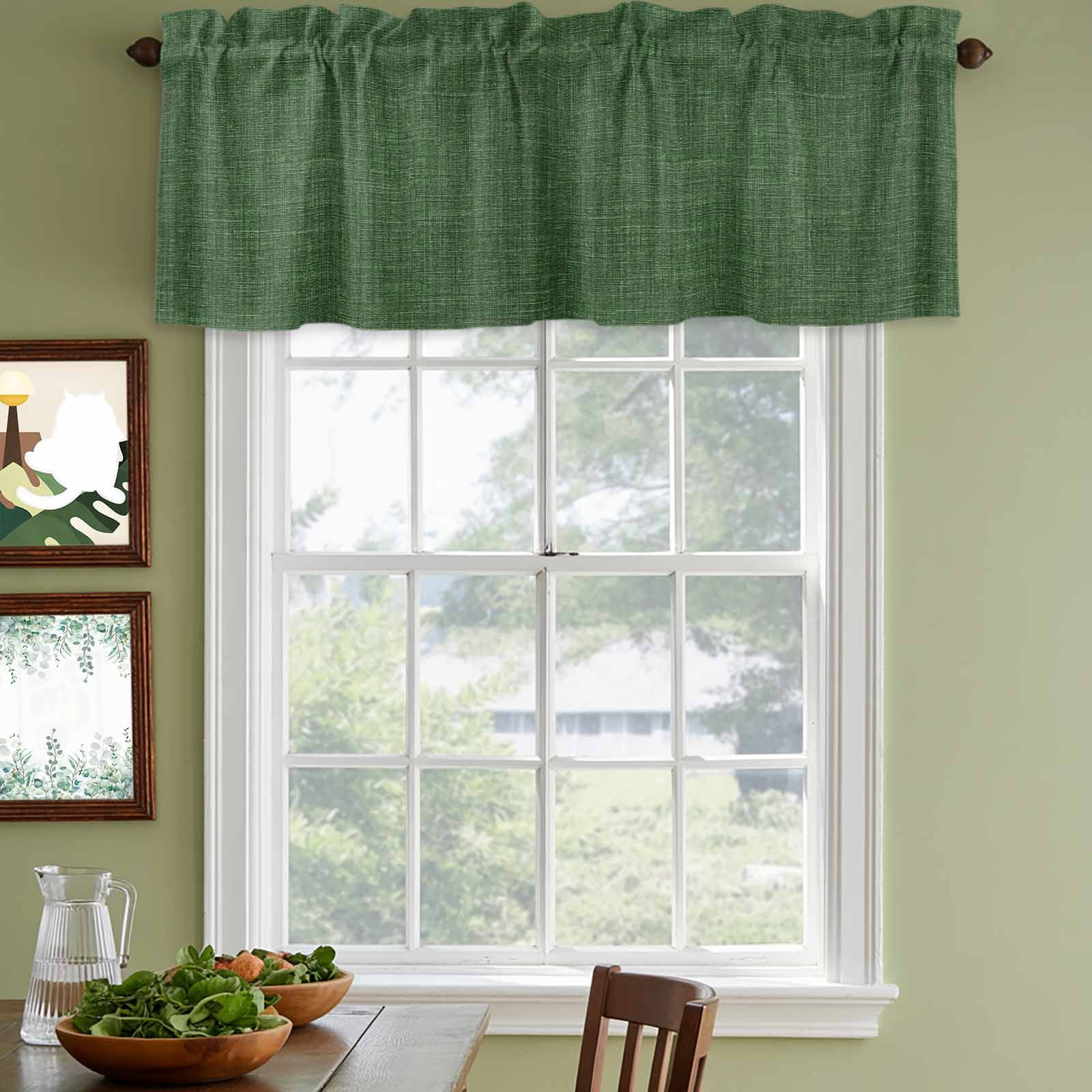 Valances for Windows, Dark Green Burlap Texture Kitchen Curtains Valances 2 Pack for Living Room Bedroom Bathroom, Farmhouse Vintage Green Light Filtering Curtains Rod Pocket Valance 42"x12"