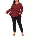 thumbnail image 2 of Agnes Orinda Plus Size Peplum Blouse for Women Graphic Print Belted Long Sleeve V Neck Tops 3X Red, 2 of 6