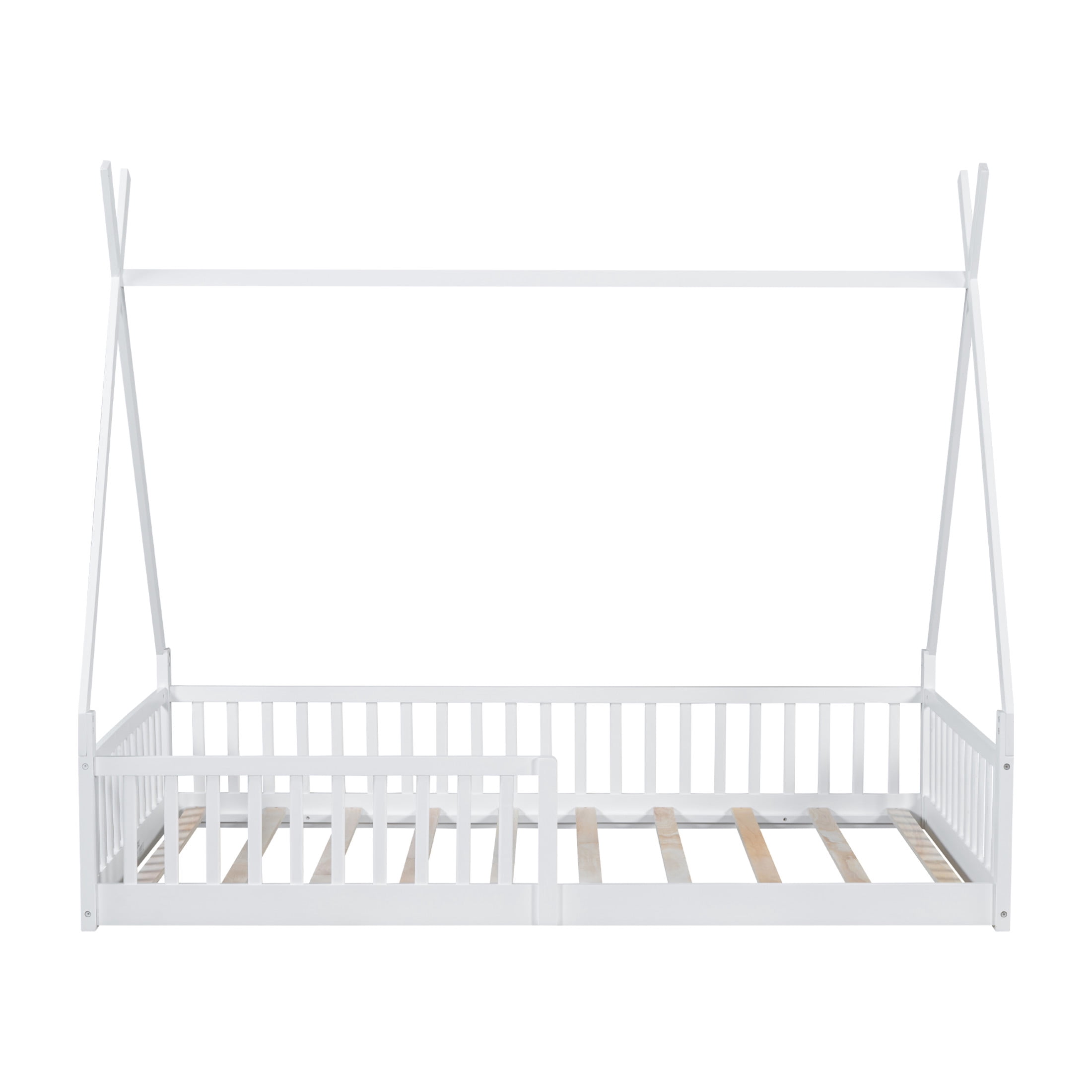 Noble House Windsor Twin Size Pine Wood House Bed with Fence, Distressed Washed Frame with Sky Roof, White