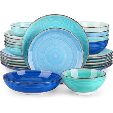 va asso Bonita Dinnerware Set 24 Pieces Blue Stoneware Service for 6, Handpainted Spirals Pattern Stoneware Combination Set
