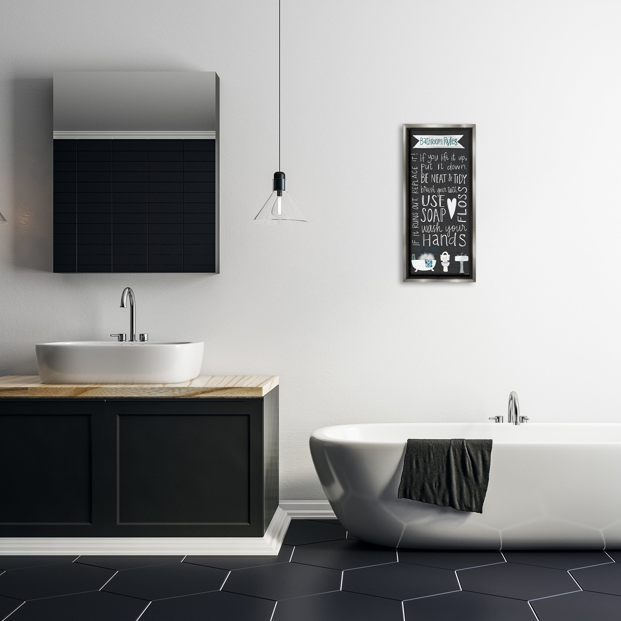 Stupell Industries Whimsical Bathroom Rules Sign Typography Painting Gray Floater Framed Canvas Art Print Wall Art, 11 x 25