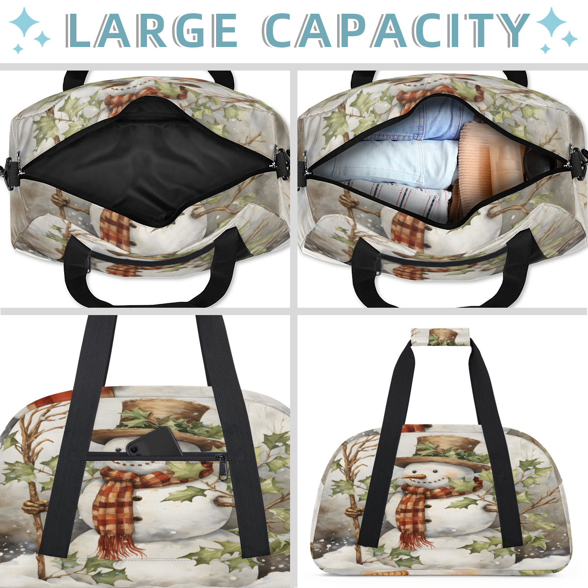 Herdesigns Christmas Sports Duffle Bag for Women & Men, Winter Xmas Tree Snowman Gym Bag Dance Bag Overnight Bag Carry On Weekender Travel Bag