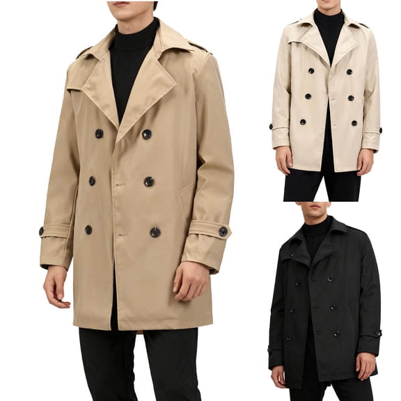 RYDCOT Mens Classic Pea Coat Notched Collar Double Breasted Slim Fit Fall Winter Warm Lightweight Trench Coats Khaki