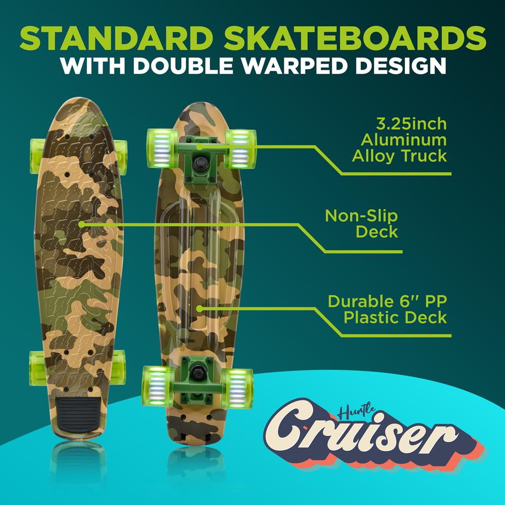 Hurtle Standard Skateboard Mini Cruiser - 6'' PP Deck Complete Double Kick Skate Board w/ 3.25" Aluminum Alloy Truck, PU Wheels w/LED Light - for Kids, Teens, Adults (Camo) with  6.3 weight