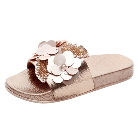 

Tangnade Ladies daily all-match casual shoes Fashion Fraft Sequin Large Size Big Flower One Words Solid Color Flat Bottom Women s Sandals Rose Gold 41