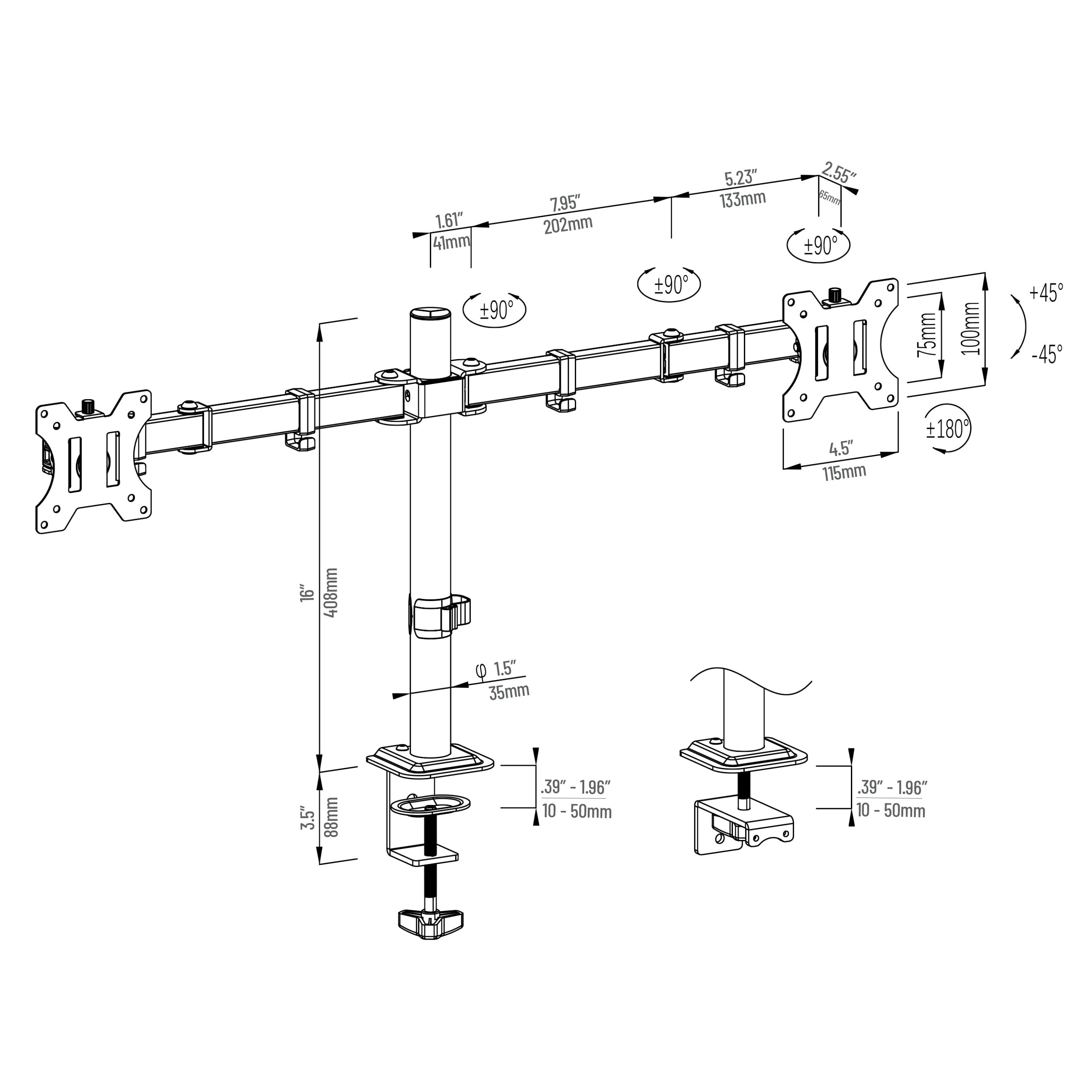 Mind Reader Dual Monitor Desk Mount for 13"-32" Screens, Adjustable VESA Mount with 180° Rotation, ±90° Swivel, ±45° Tilt, 17.6 lb Capacity Each, Black