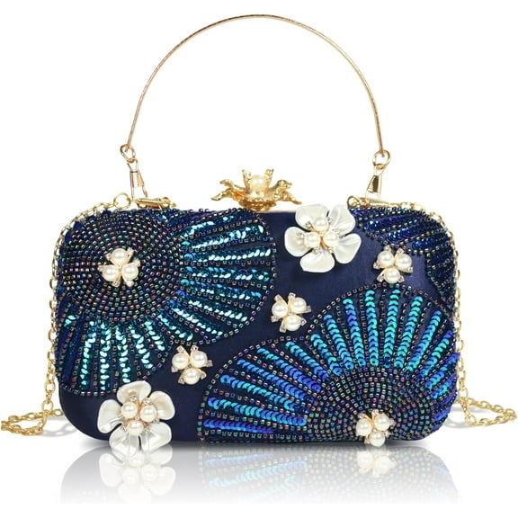 Women Pearls Beaded Clutch Flower Sequins Evening Handbag Chain Strap Shoulder Bag
