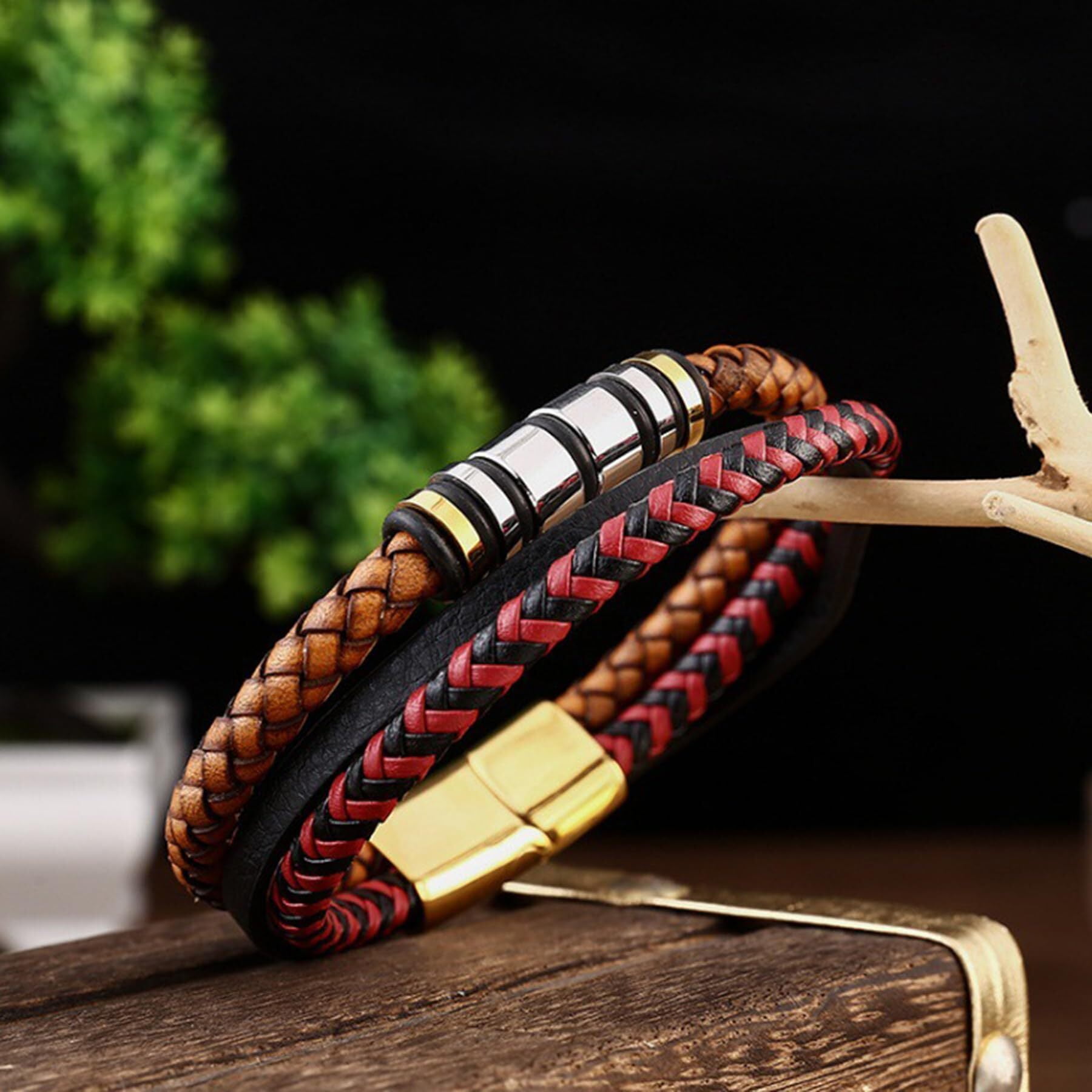 Inpasne Men's Leather Bracelet Braided Wristband Bangle Stainless Steel Bracelet Jewelry Gifts for Men Husband Dad