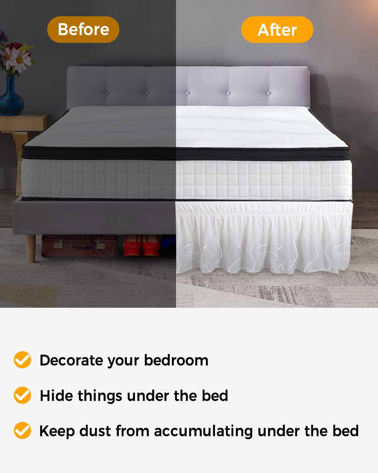 Grey Geometric Wrap Around Bed Skirts for Queen Bed 18" Drop,Bed Skirt with Adjustable Elastic Belt Bedroom Dust Ruffle Bed Valance Hotel Modern White Stripe Abstract Distortion Art Bed Frame Cover
