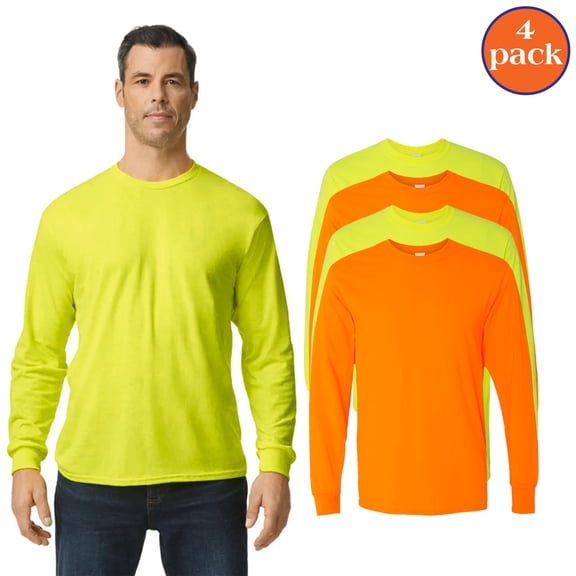 Gildan Men's Safety Shirt, Long Sleeve Hi-Vis Shirt, Hi-Vis Workwear T-Shirt, Pack 4, M