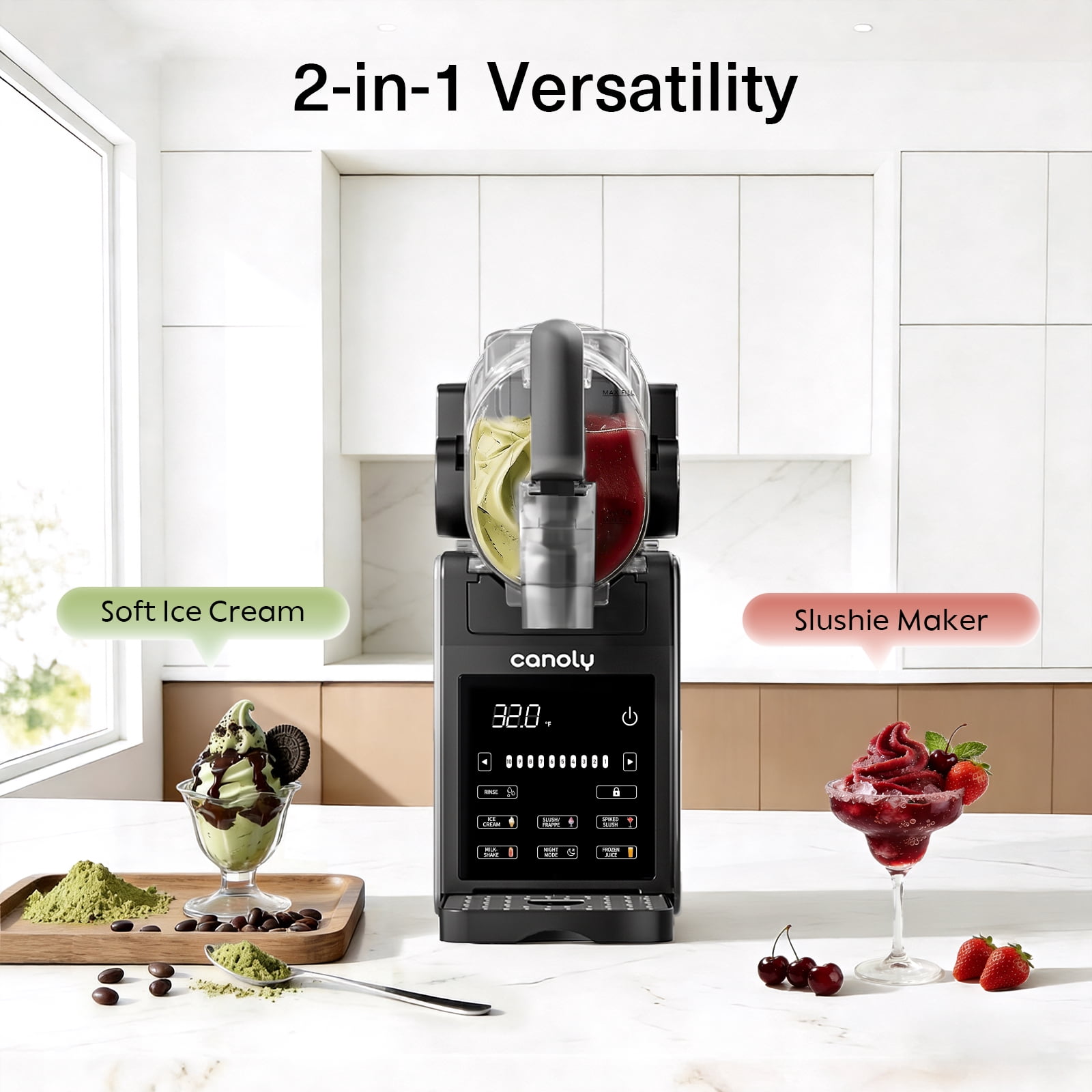 Canoly 2-in-1 Slushie machine & Soft Ice Cream Maker, 92oz Family-Size, No Ice Needed, Auto-Clean, 6 Smart Programs, Black